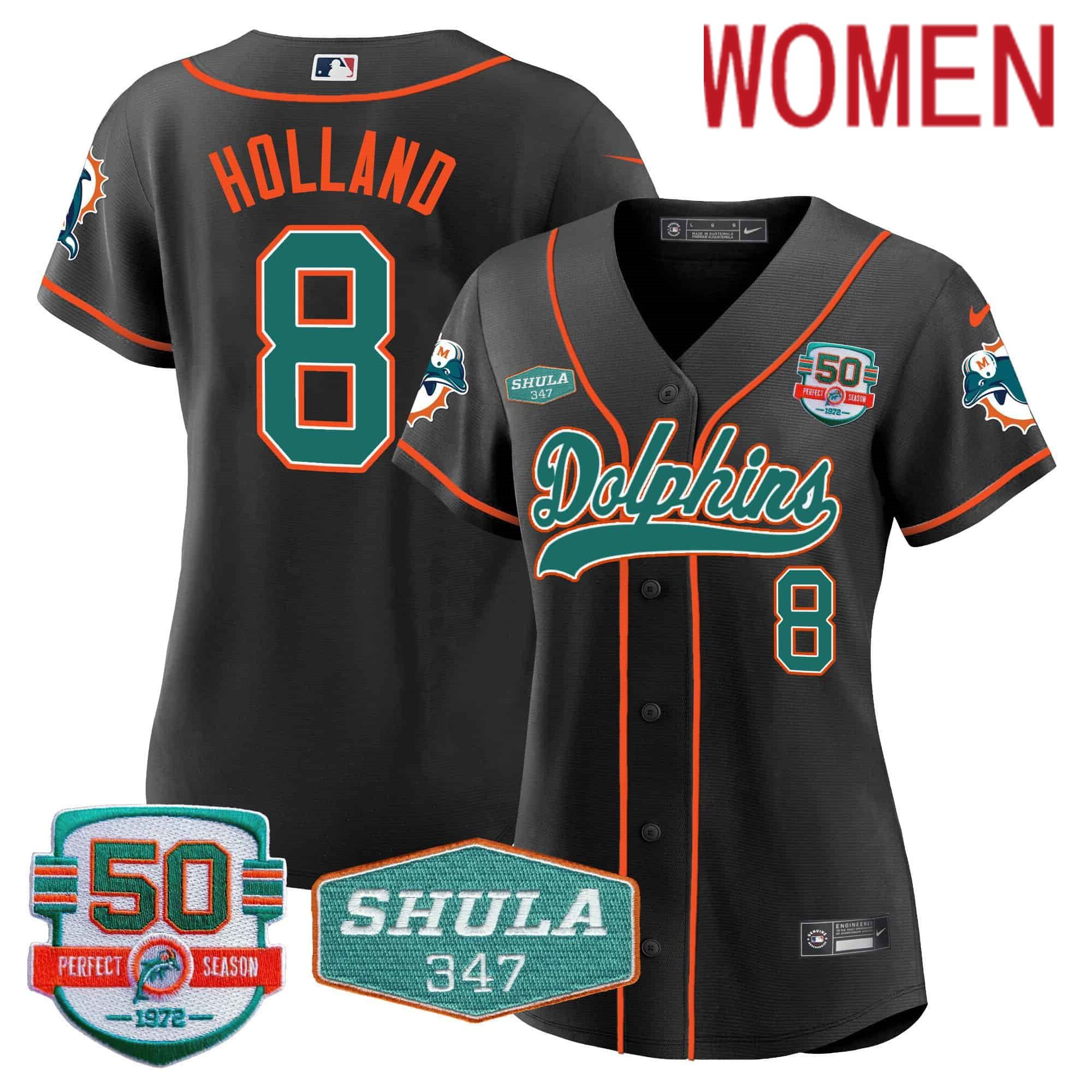 Women Miami Dolphins #8 Holland Black 2024 Nike 50th Don Shula Memorial Patch Baseball NFL Jersey style 1